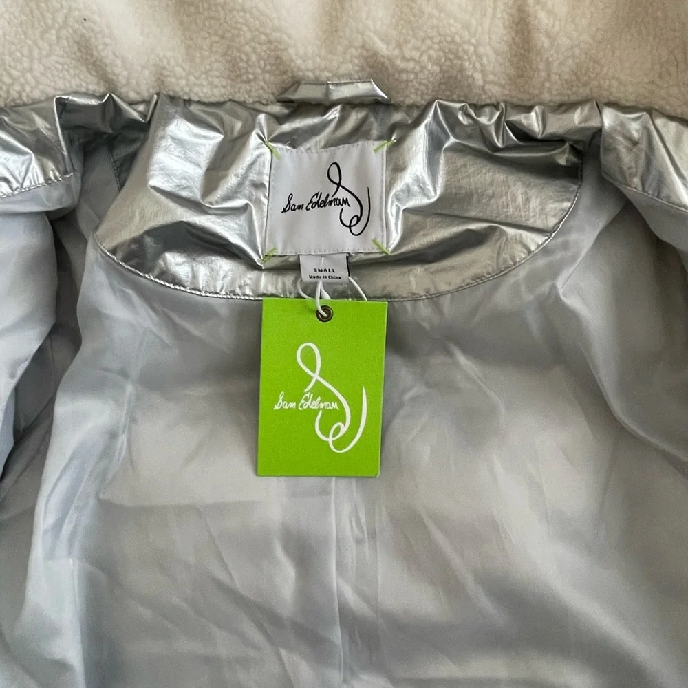Sam Edelman METALLIC FLEECE TRIM HOODED PUFF COAT IN SILVER NWT - Picture 11 of 14